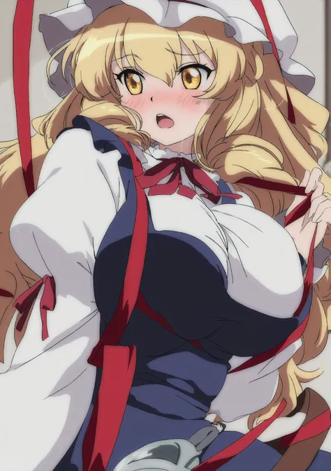 masterpiece,best quality,anime coloring, 1girl, Long Hair, Blush, Open Mouth, golden eyes, Long, flowing, sandy blonde hair and golden eyes. Wears a dark blue dress with a strap on the left over a white long-sleeved blouse, a loose belt with a gold mirror-...
