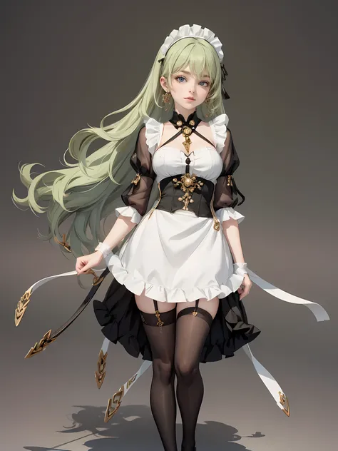 1girl, green hair, harness, white dress, chinese maid design, solo, buns hairstyle, symmetrical gloves, high socks, flare socks, harness, chinese maid dress, v neckline, garter on the legs, stand up, black apron, maid dress, chinese maid, chinese aesthetic...