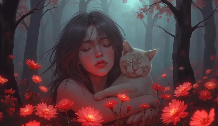 l woman's face , with her loyal Siamese cat curled up on her shoulder. She is standing in a field of glowing flowers, her eyes closed as she basks in the celestial light. Eerie fog and dark trees surround her. The scene is rendered with detailed textures,...