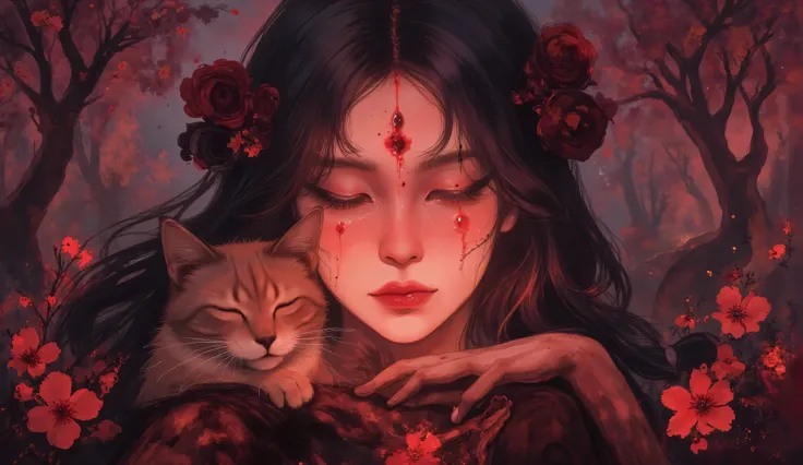 Iluminated woman's face , with her loyal Siamese cat curled up on her shoulder. She is standing in a field of glowing flowers, her eyes closed as she basks in the celestial light. Eerie fog and dark trees surround her. The scene is rendered with detailed t...