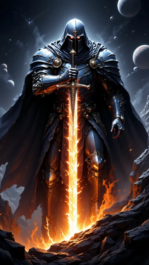 Picture of a medieval knight in full plate astronaut armor wilding a great sword, floating in space, planets in the background, (Portrait of a better masterpiece:1.5)0.9], (Space and knight armor:1.2), (A radiant glow:1.1),close-up portrait, 