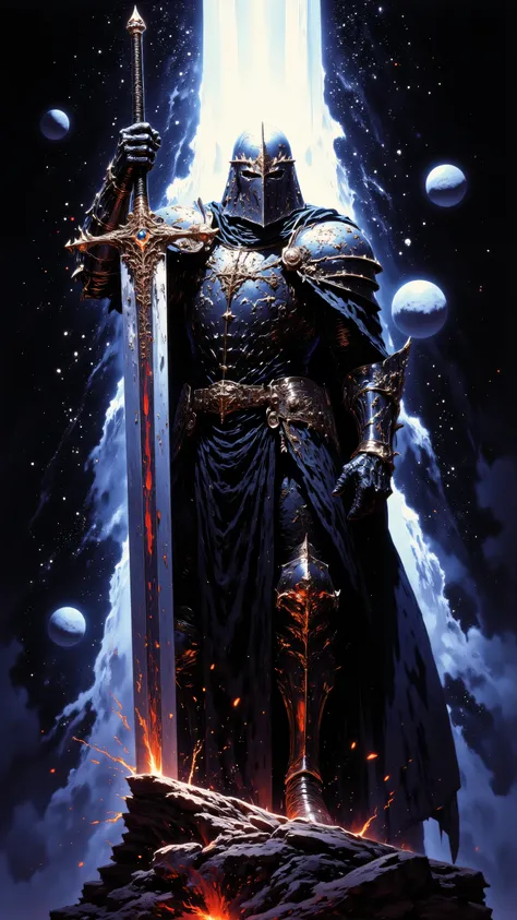 Picture of a medieval knight in full plate astronaut armor wilding a great sword, floating in space, planets in the background, (Portrait of a better masterpiece:1.5)0.9], (Space and knight armor:1.2), (A radiant glow:1.1),close-up portrait, 