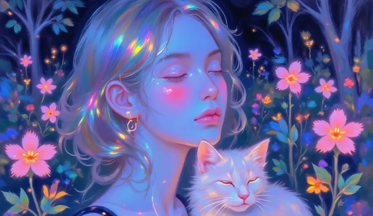 impressionist_ style ,oil ,brushstrokes that capture the essence of Impressionism with its vivacity, brilliant representation of a female face.
Illuminated woman's face , with her loyal Siamese cat curled up on her shoulder. She is standing in a field of g...