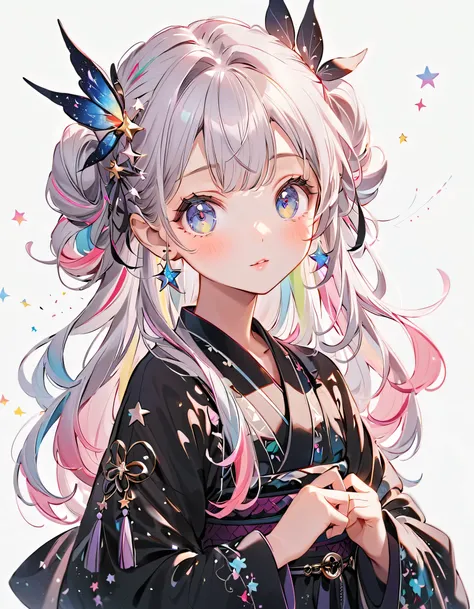  BEST DETAILS、  1 girl，，Blink， （   hair color is milky white and hair tips are blue ）、  cutest girl in the world   ，Wear a colorful and cute gothic kimono costume   ,  Star Fairy ,Wear a colorful and cute gothic kimono costume    with little fairy feathers...