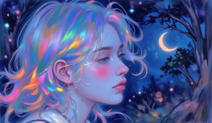 impressionist_ style ,oil ,brushstrokes that capture the essence of Impressionism with its vivacity, brilliant representation of a female face.
Illuminated woman's face. The wind blows and your hair flies with the wind,She is in profile, her eyes reflects...