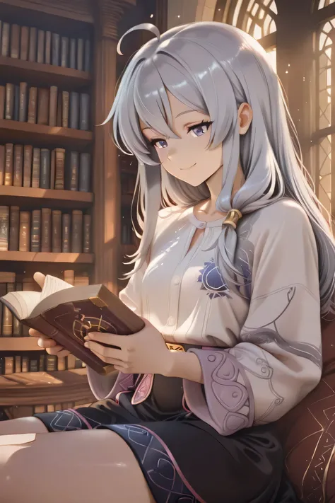 Elaina, silver-haired anime girl, sitting comfortably in a cozy library, reading a book with a gentle smile. Long silver hair, soft lighting from the window, casual outfit (white shirt with simple print, dark skirt), bookshelf background, warm atmosphere, ...