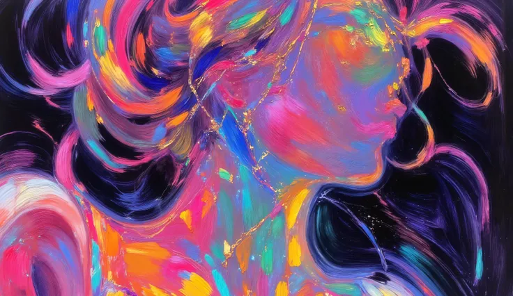 An abstract portrait of a woman composed of swirling brushstrokes and illuminated colors, with textured paint creating a sense of depth and movement. The figure is adorned with flowing garments that blend seamlessly into the background. The color palette i...