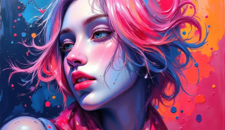 An abstract portrait of a woman composed of swirling brushstrokes and illuminated colors, with textured paint creating a sense of depth and movement. The figure is adorned with flowing garments that blend seamlessly into the background. The color palette i...