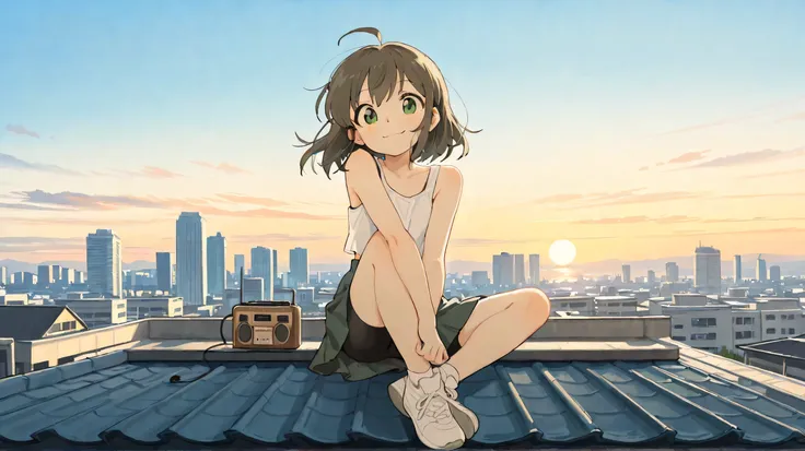 masterpiece, best quality, newest, absurdres, highres,
short dark brown hair, ahoge, shiny green eyes, 1girl, solo, cheerful and relaxed expression, soft smile, soft blush, sitting pose, sitting on rooftop, holding retro radio, enjoying the breeze, white t...