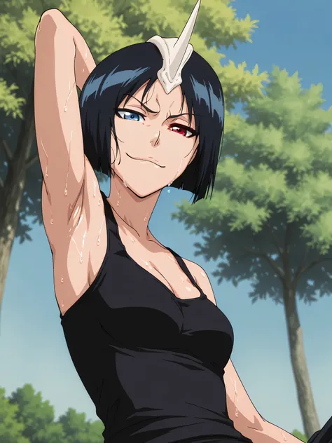 masterpiece, best quality, amazing quality, anime screencap, anime coloring, 1girl, solo, 3m1l0u, heterochromia, blue eyes, red eyes, black hair, short hair, single horn, black tank top, cleavage, sweaty, small breasts, skindentation, sleeveless, bare shou...