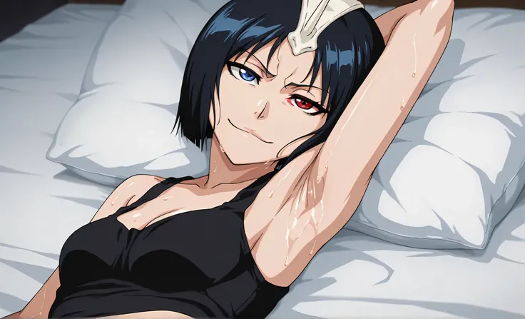 masterpiece, best quality, amazing quality, anime screencap, anime coloring, 1girl, solo, 3m1l0u, heterochromia, blue eyes, red eyes, black hair, short hair, single horn, black tank top, cleavage, sweaty, small breasts, skindentation, sleeveless, bare shou...
