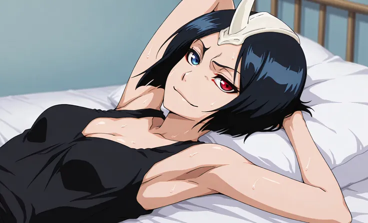 masterpiece, best quality, amazing quality, anime screencap, anime coloring, 1girl, solo, 3m1l0u, heterochromia, blue eyes, red eyes, black hair, short hair, single horn, black tank top, cleavage, sweaty, small breasts, skindentation, sleeveless, bare shou...