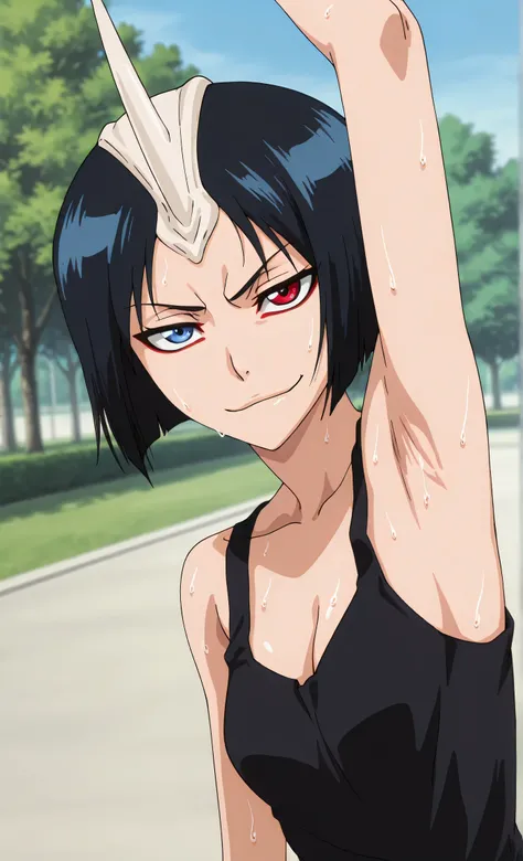 masterpiece, best quality, amazing quality, anime screencap, anime coloring, 1girl, solo, 3m1l0u, heterochromia, blue eyes, red eyes, black hair, short hair, single horn, black tank top, cleavage, sweaty, small breasts, skindentation, sleeveless, bare shou...