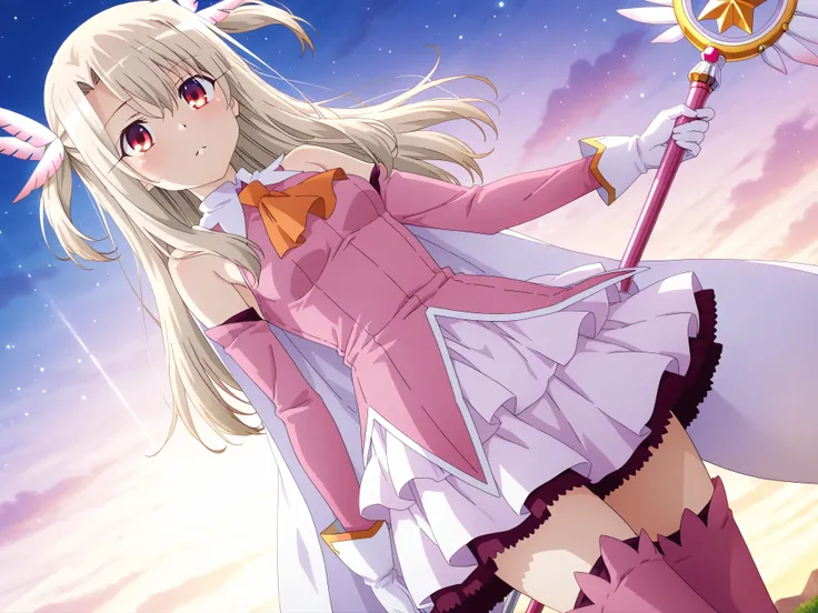 anime screencap,best quality, masterpiece, Super detailed,High resolution,Extremely detailed CG,1girl,illyasviel von einzbern,  long hair, blonde hair, two side up, hair ornament, red eyes, bare shoulders, magical girl, cape, orange ascot, pink shirt, slee...