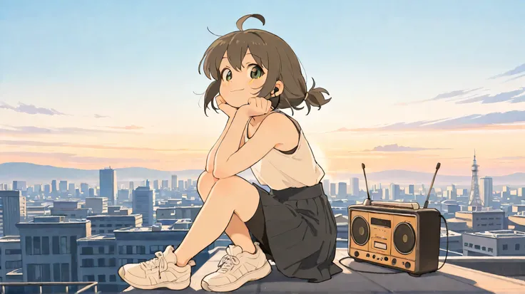 masterpiece, best quality, newest, absurdres, highres,
short dark brown hair, ahoge, shiny green eyes, 1girl, solo, cheerful and relaxed expression, soft smile, soft blush, sitting pose, sitting on rooftop, holding retro radio, enjoying the breeze, white t...