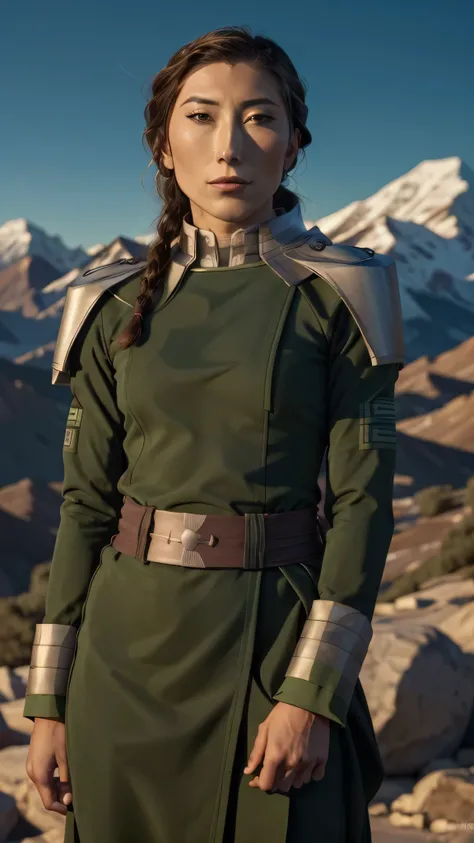 ((masterpiece:1.3), (best quality:1.3), dichen_lachman as kuvira, 1girl, solo, smug, braided hair, looking at viewer, detailed background, mountain range, mountain in the background, realistic