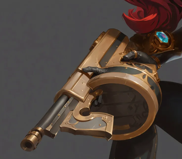 (ornate golden steampunk pistol:1.5), (League of Legends weapon concept art:1.4), (Miss Fortune inspired gun:1.3), (hand wearing black leather glove gripping the handle:1.5), (black gloved thumb prominently positioned on grip:1.4), (detailed black leather ...