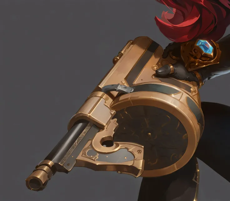 (ornate golden steampunk pistol:1.5), (League of Legends weapon concept art:1.4), (Miss Fortune inspired gun:1.3), (hand wearing black leather glove gripping the handle:1.5), (black gloved thumb prominently positioned on grip:1.4), (detailed black leather ...