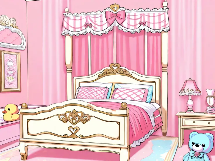 create a mainly chocolate and small ducks and small bears theme bedroom, lolita theme bedroom, use colors pink yellow and a lilttle brown, make a whole bedroom point of view