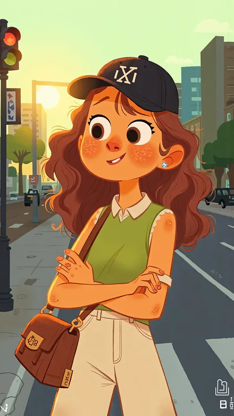 A 2D digital illustration-style panorama,A stylish and elegant young woman(has long brown wavy hair that is naturally flowing,Brown eyes, yellow skin),She is wearing a black baseball cap(The hat has white letters),wearing a green sleeveless top and white h...