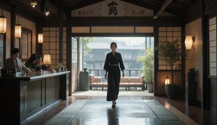 A Japanese woman dressed in chic clothes goes alone to the check-in counter of a ryokan.