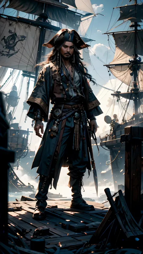 Full body view A commanding pirate captain Jack Sparrow stands tall amidst the Pirate City of Lost Ships, his fierce expression and intricate tattoos reflecting chaos. Dramatic side lighting adds intensity to the scene, blending natural and futuristic elem...
