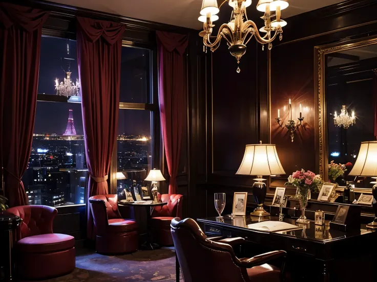 classy room、On the desk、masterpiece、top quality、Dark Red、 Deep purple、 black、 cabaret club、 dim、 satin curtain with champagne、 wine glass with champagne、night、 gorgeous、 nightclub