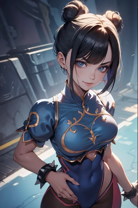melhor qualidade,roupa azul,juri han,solo, masterpiece, best quality, agrias, grey sweater, black leotard, standing, looking at viewer, short hair,oculos,evil smile, evil look,luvas preta,roupa azul,yandere rosto,low lighting,coxa sarada copo detalhado,olh...