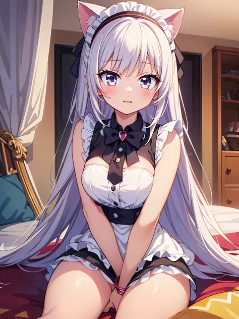 Highly detailed, high quality, masterpiece, beautiful, (all photo shooting), girl student, perfect eyes, red eyes, light eyes, blushing face, happy face, cat girl, sitting playing video games, big thighs, medium chest, short stature, long hair, white hair...