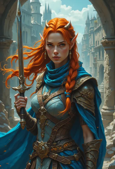 a picture of a female elf, fantasy swashbuckler, fantasy fencer, armed with a slim sword, shinning sword, magical sword, metallic shine, colorful clothes, full body, epic beautiful female elf, red hair, braided hair, small pointed ears, wearing blue cloak...