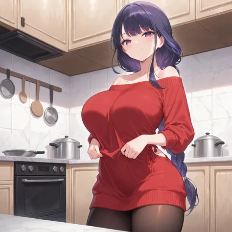 masterpiece, high quality, top quality, very aesthetic, absurd, raiden shogun, braid, braided ponytail, long hair, one mole, one mole under eye, purple eyes, purple hair, Off shoulder sweater , Off-shOulder drees sweater , medium long drees sweater , Off ...