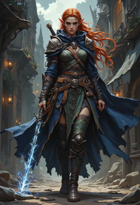 a picture of a female elf, fantasy swashbuckler, fantasy fencer, armed with a slim sword, shinning sword, magical sword, metallic shine, colorful clothes, full body, epic beautiful female elf, red hair, braided hair, small pointed ears, wearing blue cloak...