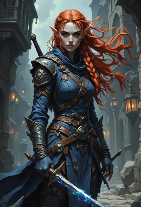 a picture of a female elf, fantasy swashbuckler, fantasy fencer, armed with a slim sword, shinning sword, magical sword, metallic shine, colorful clothes, full body, epic beautiful female elf, red hair, braided hair, small pointed ears, wearing blue cloak...