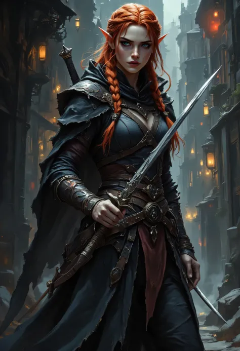 a picture of a female elf, fantasy swashbuckler, fantasy fencer, armed with a slim sword, shinning sword, magical sword, metallic shine, colorful clothes, full body, epic beautiful female elf, red hair, braided hair, small pointed ears, wearing black cloa...