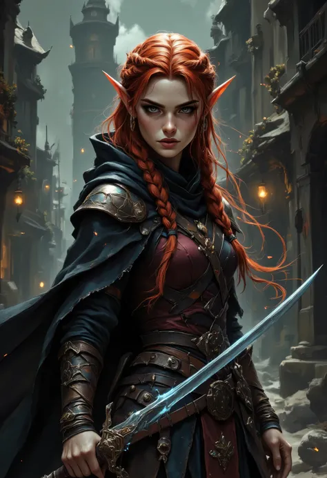 a picture of a female elf, fantasy swashbuckler, fantasy fencer, armed with a slim sword, shinning sword, magical sword, metallic shine, colorful clothes, full body, epic beautiful female elf, red hair, braided hair, small pointed ears, wearing black cloa...