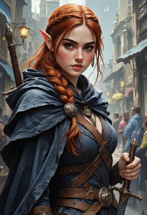 a picture of a female elf, fantasy swashbuckler, fantasy fencer, armed with a slim sword, shinning sword, magical sword, metallic shine, colorful clothes, full body, epic beautiful female elf, red hair, braided hair, small pointed ears, wearing black cloa...