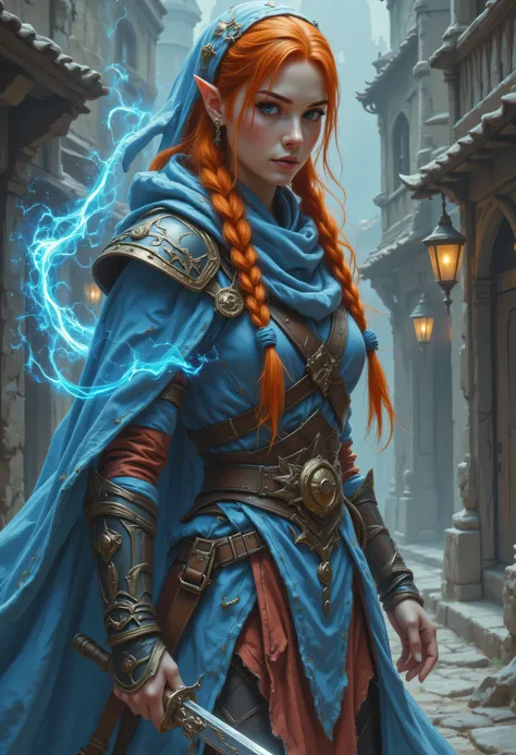 a picture of a female elf, fantasy swashbuckler, fantasy fencer, armed with a slim sword, shinning sword, magical sword, metallic shine, colorful clothes, full body, epic beautiful female elf, red hair, braided hair, small pointed ears, wearing blue cloak...
