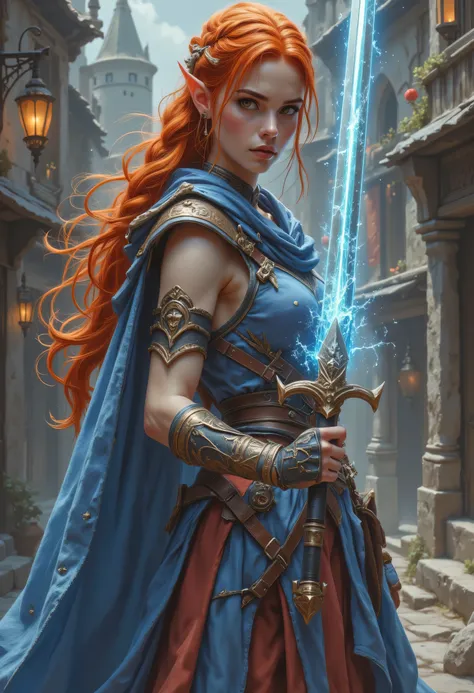 a picture of a female elf, fantasy swashbuckler, fantasy fencer, armed with a slim sword, shinning sword, magical sword, metallic shine, colorful clothes, full body, epic beautiful female elf, red hair, braided hair, small pointed ears, wearing blue cloak...