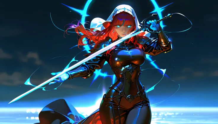 masterpiece, high quality, 4K HD, very aesthetic, 1 girl, beautiful face, long hair, nun, big breasts, horizon background, photorealistic, free pose, blue glowing eyes, front bangs, (slim waist), wide hips, holding 1 sword near face, armor, ((dramatic ligh...