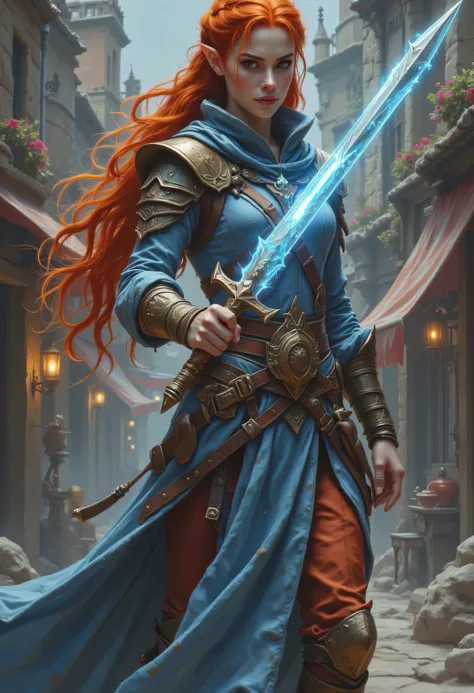 a picture of a female elf, fantasy swashbuckler, fantasy fencer, armed with a slim sword, shinning sword, magical sword, metallic shine, colorful clothes, full body, epic beautiful female elf, red hair, braided hair, small pointed ears, wearing blue cloak...