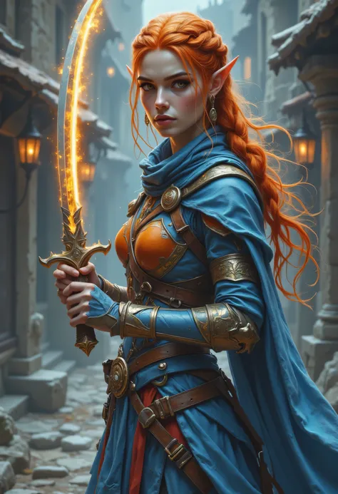 a picture of a female elf, fantasy swashbuckler, fantasy fencer, armed with a slim sword, shinning sword, magical sword, metallic shine, colorful clothes, full body, epic beautiful female elf, red hair, braided hair, small pointed ears, wearing blue cloak...