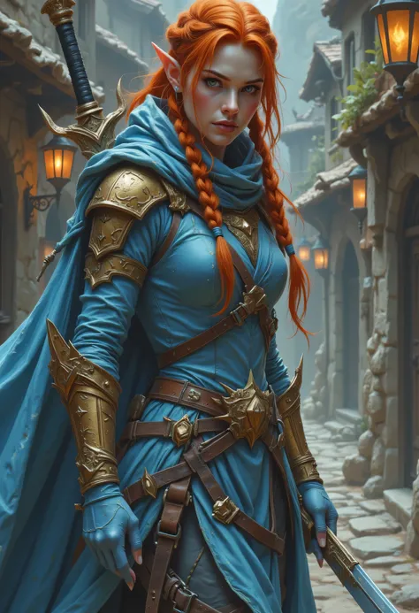 a picture of a female elf, fantasy swashbuckler, fantasy fencer, armed with a slim sword, shinning sword, magical sword, metallic shine, colorful clothes, full body, epic beautiful female elf, red hair, braided hair, small pointed ears, wearing blue cloak...