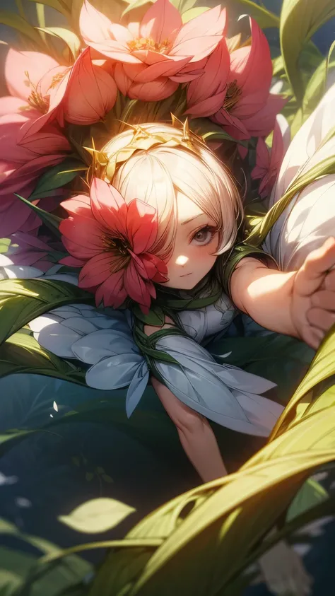 Girl with short chestnut hair and a flower crown, large flower covering one eye with vines extending from it all across her body. Blooming flowers all across her body. Thin white fluttery one piece dress with vines crawling all over it. Hand reaching towar...