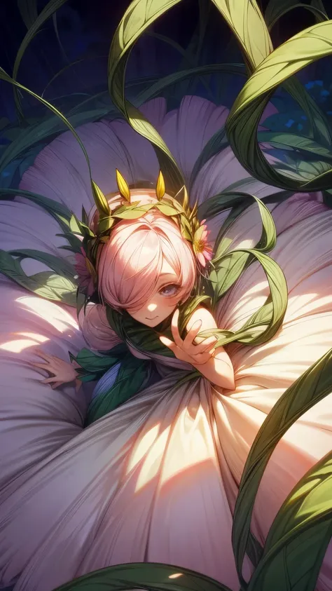 Girl with short chestnut hair and a flower crown, large flower covering one eye with vines extending from it all across her body. Blooming flowers all across her body. Thin white fluttery one piece dress with vines crawling all over it. Hand reaching towar...