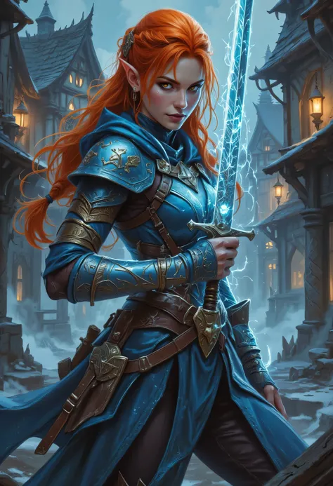 a picture of a female elf, fantasy swashbuckler, fantasy fencer, armed with a slim sword, shinning sword, magical sword, metallic shine, colorful clothes, full body, epic beautiful female elf, red hair, braided hair, small pointed ears, wearing blue cloak...