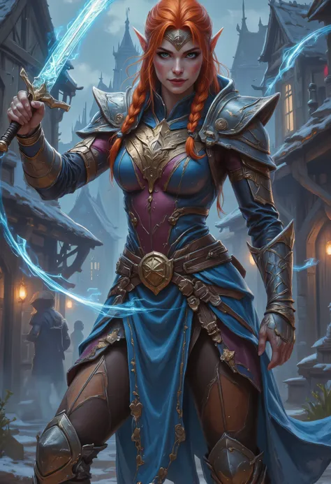 a picture of a female elf, fantasy swashbuckler, fantasy fencer, armed with a slim sword, shinning sword, magical sword, metallic shine, colorful clothes, full body, epic beautiful female elf, red hair, braided hair, small pointed ears, wearing blue cloak...