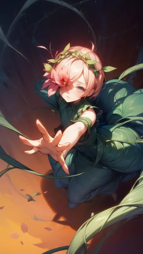 Girl with short chestnut hair and a flower crown, large flower covering one eye with vines extending from it all across her body. Blooming flowers all across her body. Thin white fluttery one piece dress with vines crawling all over it. Hand reaching towar...