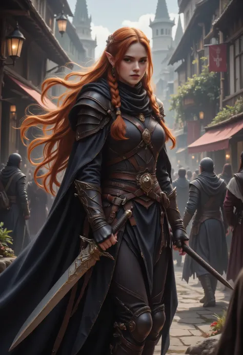 a picture of a female elf, fantasy swashbuckler, fantasy fencer, armed with a slim sword, shinning sword, magical sword, metallic shine, colorful clothes, full body, epic beautiful female elf, red hair, braided hair, small pointed ears, wearing black cloa...