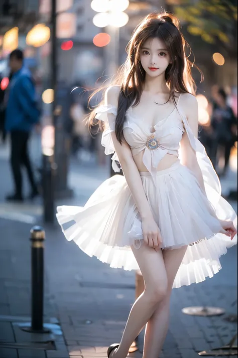 sangonomiya kokomi  ,,(Masterpiece, best quality, Super high, realistic: 1.3), realistic, beautiful young woman, (Standing posture), (Big bust, deep V-neck), (Very short hemline), (Supermodel: 1.2),  (perfect leg shape: 1.3), model pose, one leg straight i...