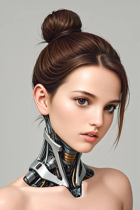 1girl, solo, brown hair, brown eyes, hair bun, single hair bun, lips, science fiction, parted lips, portrait, mechanical parts, cyborg, simple background, short hair, bare shoulders, grey background, mechanical neck, mechanical lower jaw